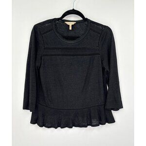 Rebecca Taylor Peplum Linen Blouse 3/4 Sleeve Top Black XS